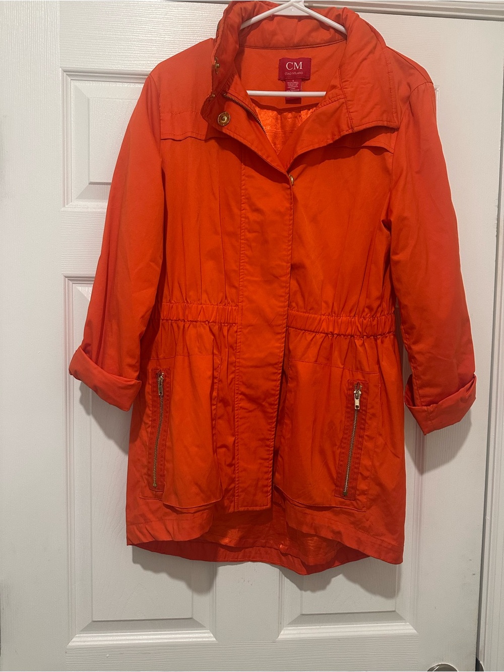 Ciao Milano Anna Waterproof Orange Cinch Waist Hooded Raincoat Jacket Packable